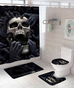 Cool 3D Skeleton Skull Bathroom Shower Curtain Lid Toilet No-Slip Black