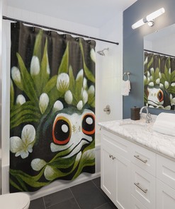 Cool And Girly Sage Green Anime Frog Shower Curtain - A Fun And Playful Addition To Your Bathroom Decor