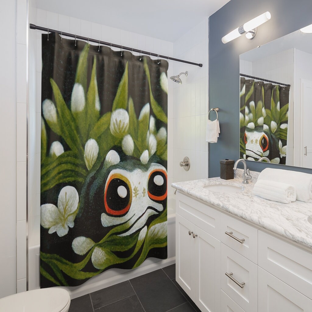 Cool And Girly Sage Green Anime Frog Shower Curtain - A Fun And Playful Addition To Your Bathroom Decor