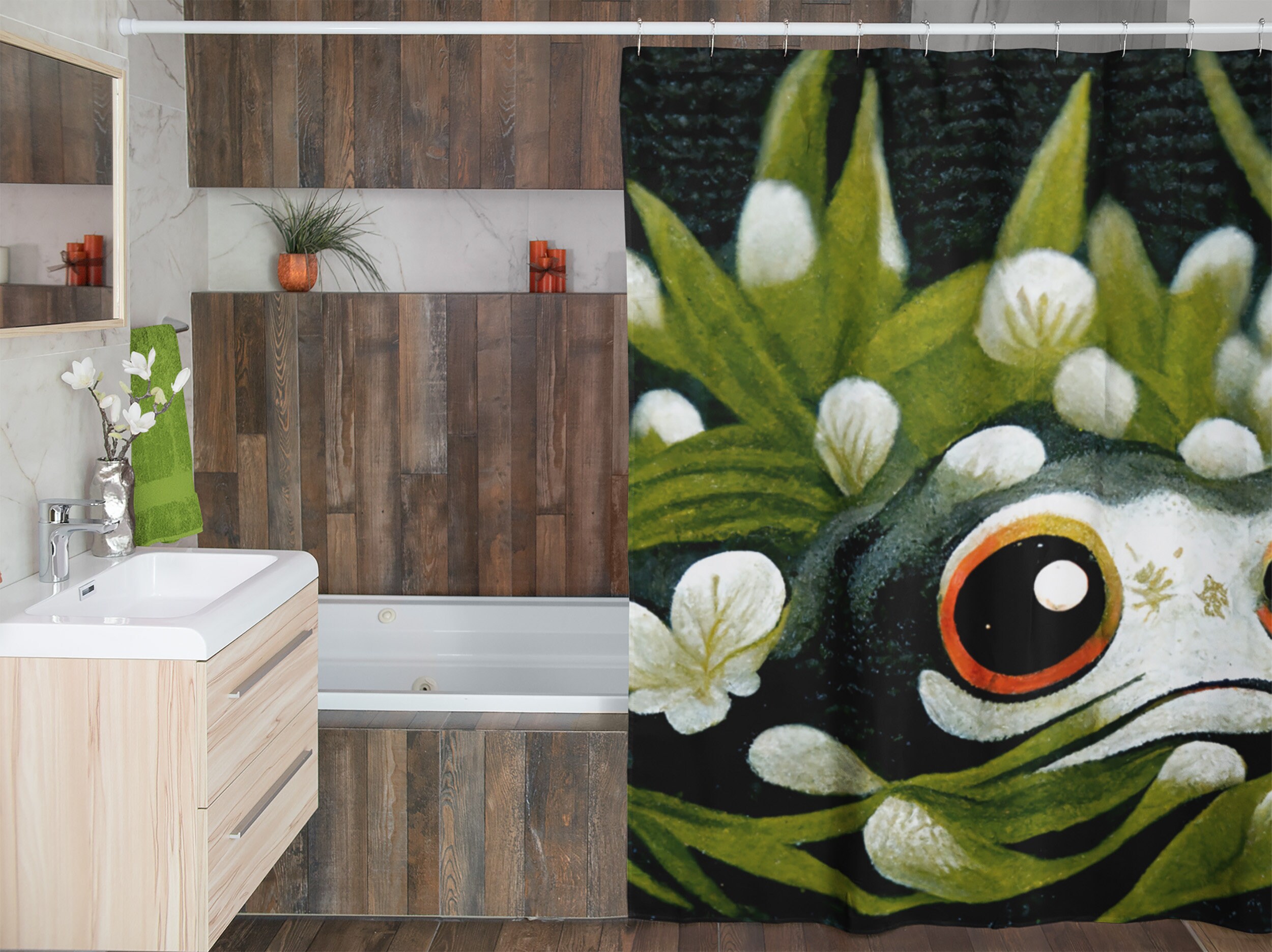 Cool And Girly Sage Green Anime Frog Shower Curtain - A Fun And Playful Addition To Your Bathroom Decor