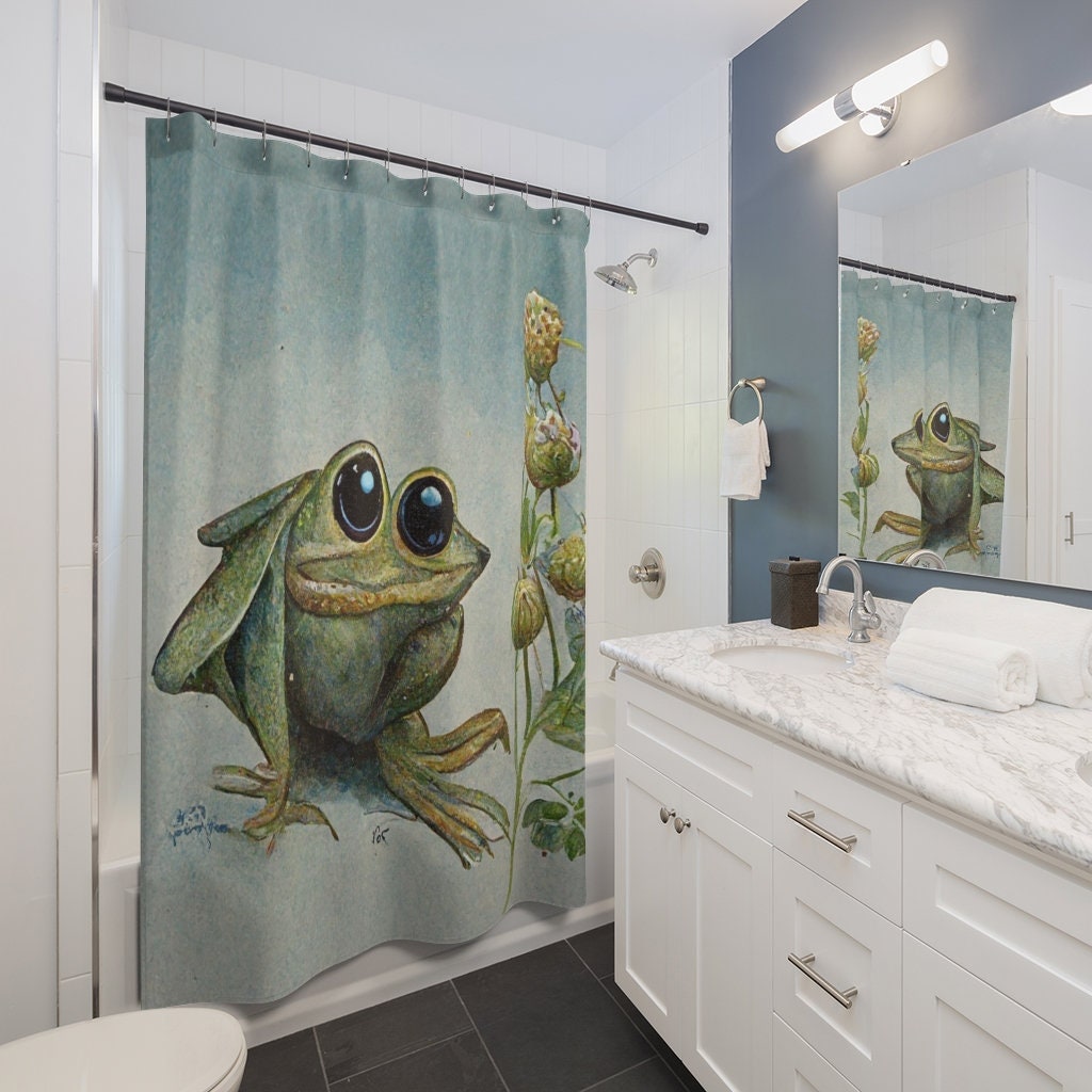 Cool And Girly Sage Green Anime Frog Shower Curtain - A Perfect Addition To Your Bathroom Decor