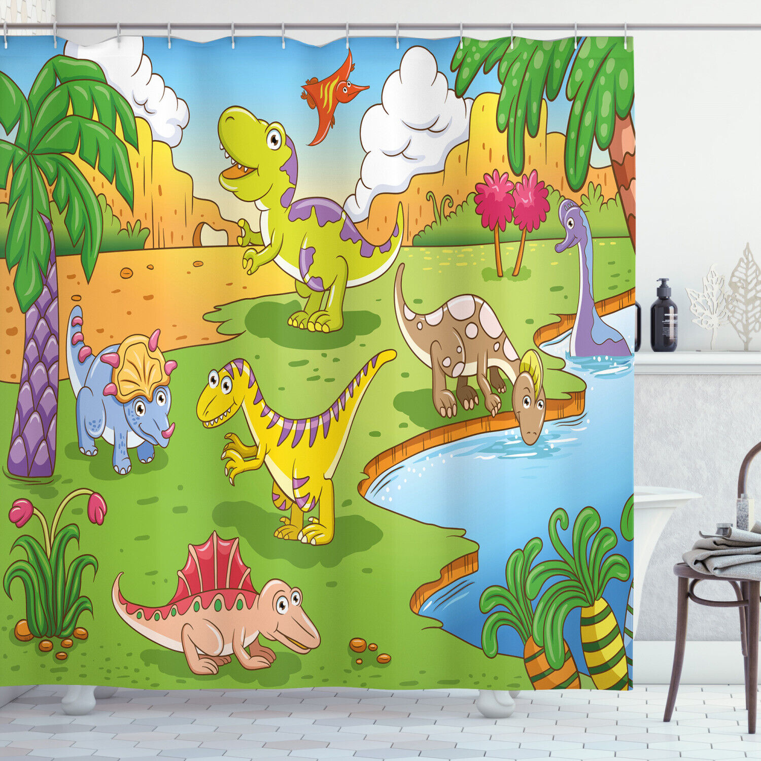 Cool And Stylish Cartoon Style Dinosaur Shower Curtain For A Quirky And Unique Bathroom Decor