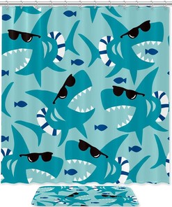 Cool Blue Shark With Black Sunglasses Print Shower Curtain - Fun And Lively