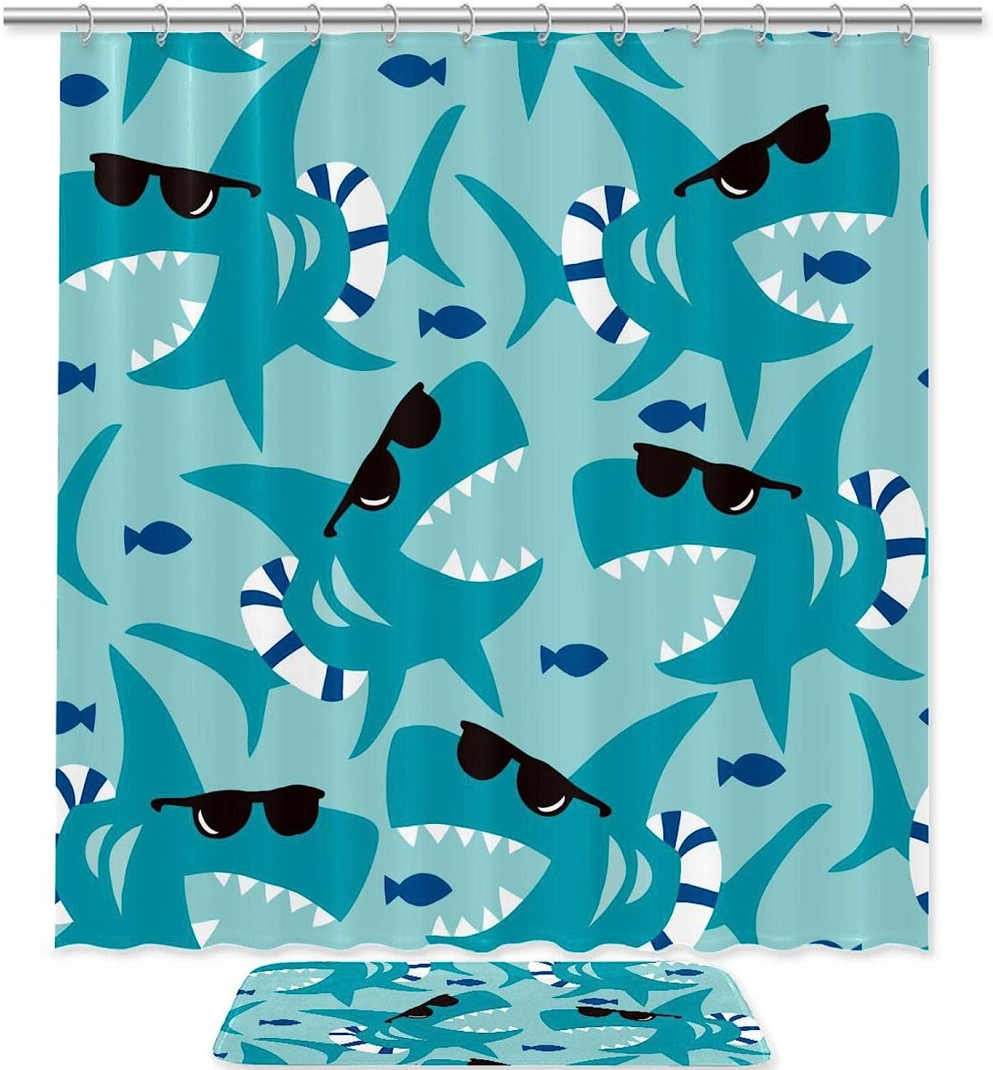 Cool Blue Shark With Black Sunglasses Print Shower Curtain - Fun And Lively