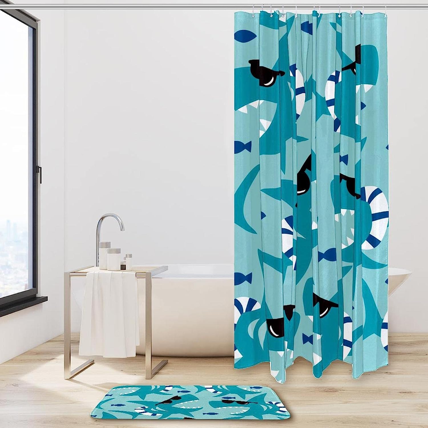 Cool Blue Shark With Black Sunglasses Print Shower Curtain - Fun And Lively - Image 2