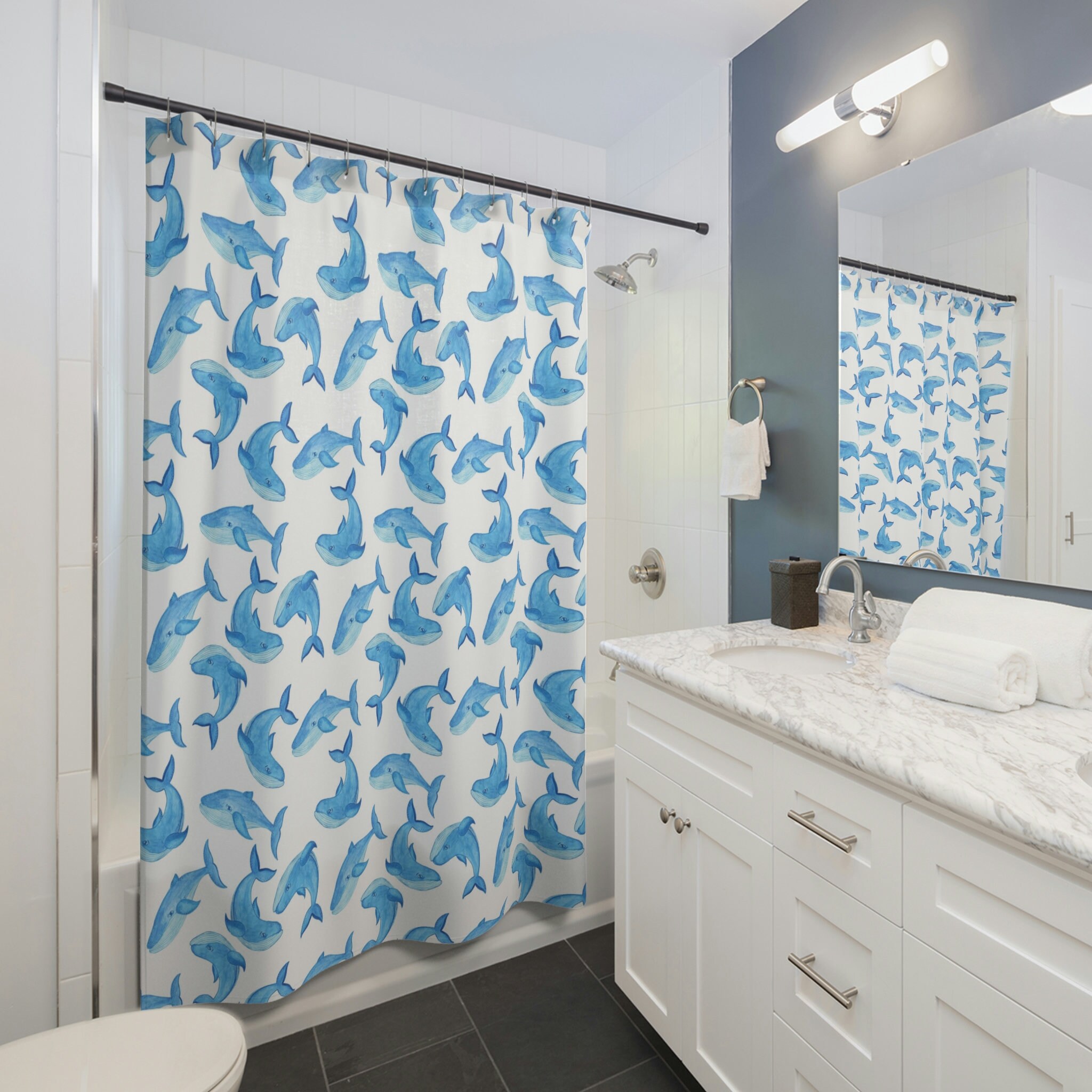 Cool Blue Whale Fabric Unique Bath Bathroom Decor Shower Curtain - Image 2