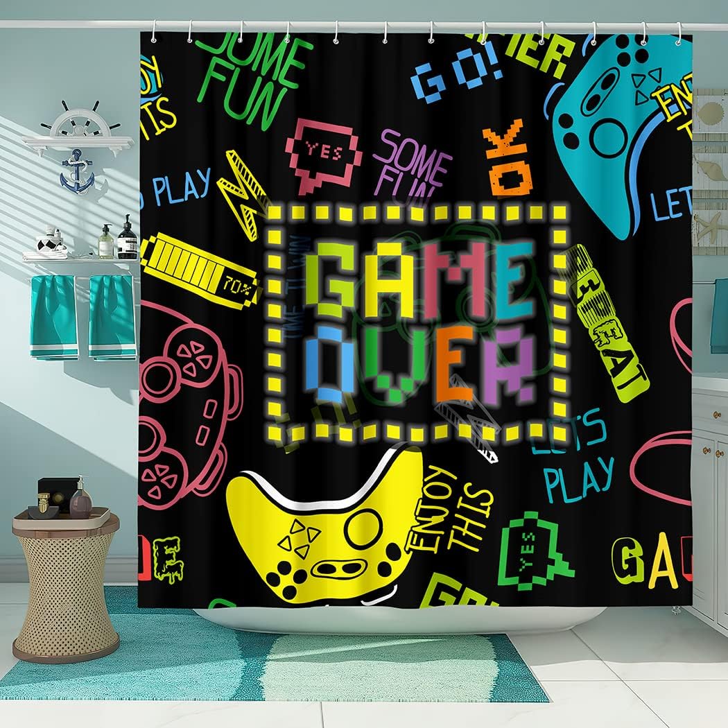 Cool Boy Neon Video Game Graffiti Game Shower Curtain Fabric Bath Curtain With Waterproof Curtains