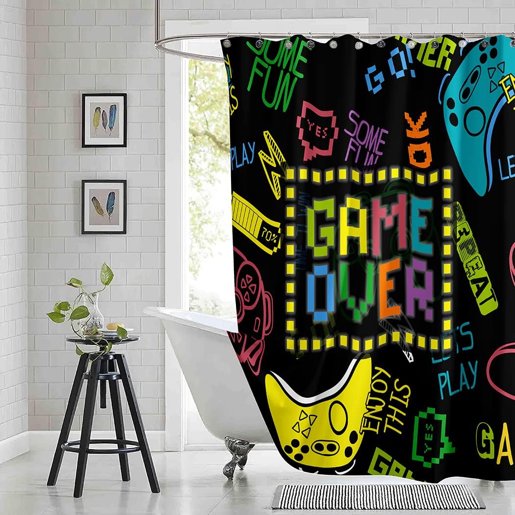 Cool Boy Neon Video Game Graffiti Game Shower Curtain Fabric Bath Curtain With Waterproof Curtains