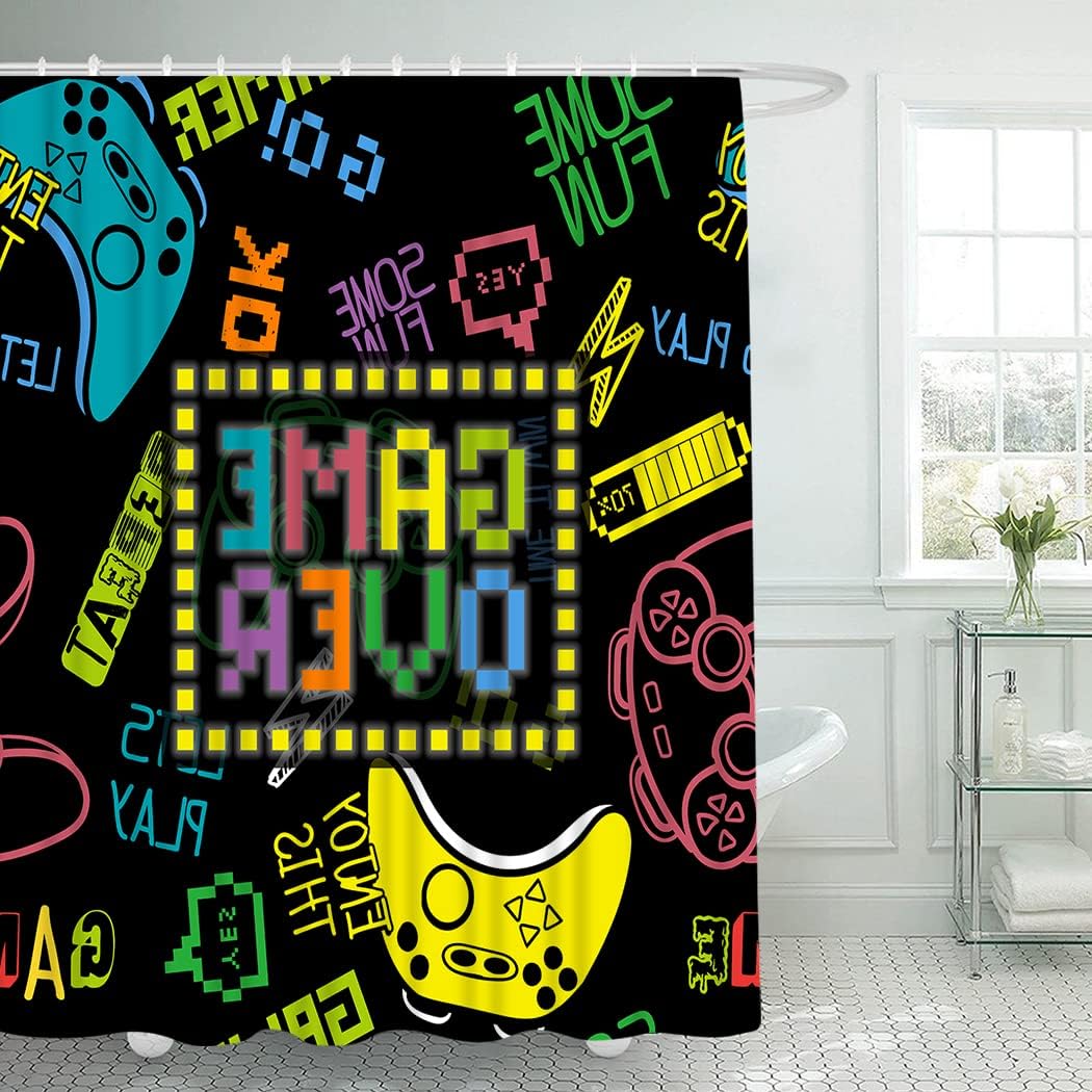 Cool Boy Neon Video Game Graffiti Game Shower Curtain Fabric Bath Curtain With Waterproof Curtains