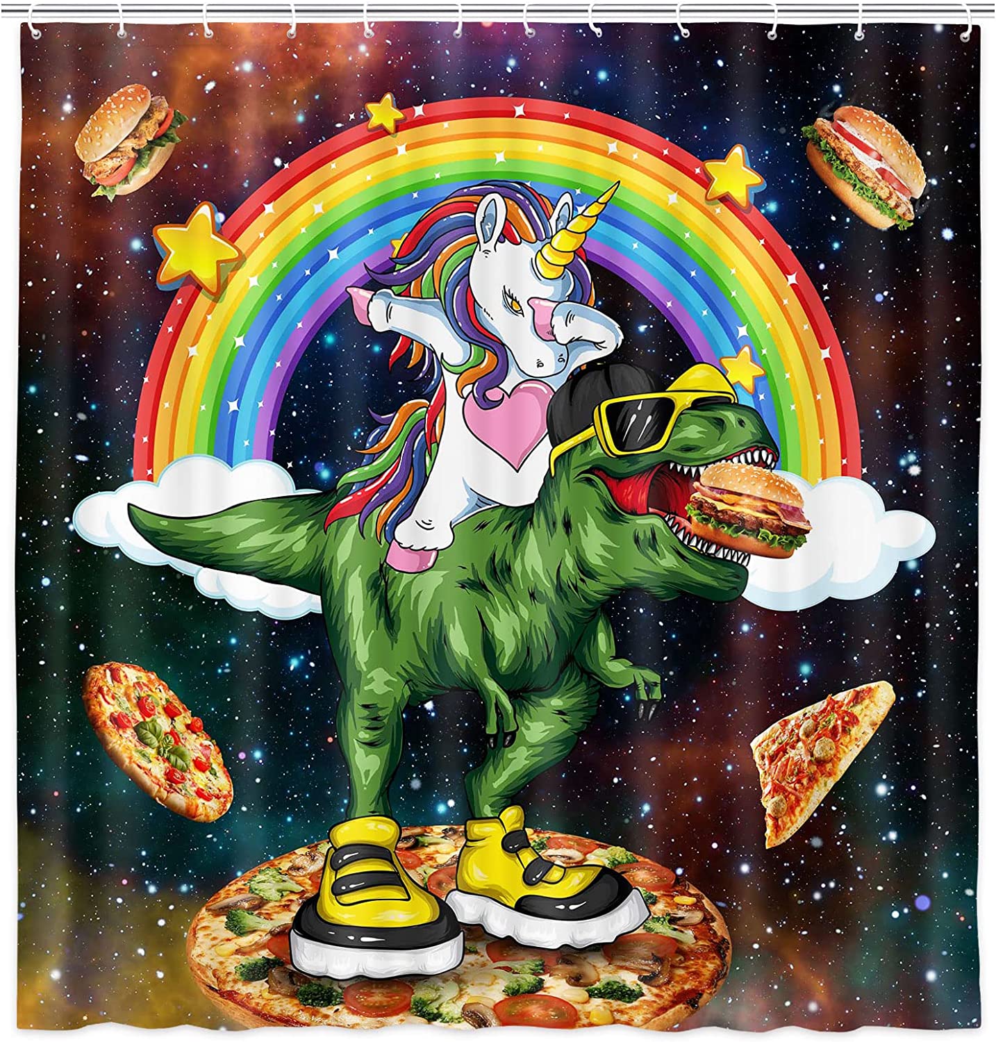Cool Cartoon Kids Shower Curtain With Colorful Rainbow In Fantasy Galaxy Space Print, Perfect For Playful Bathroom Decor