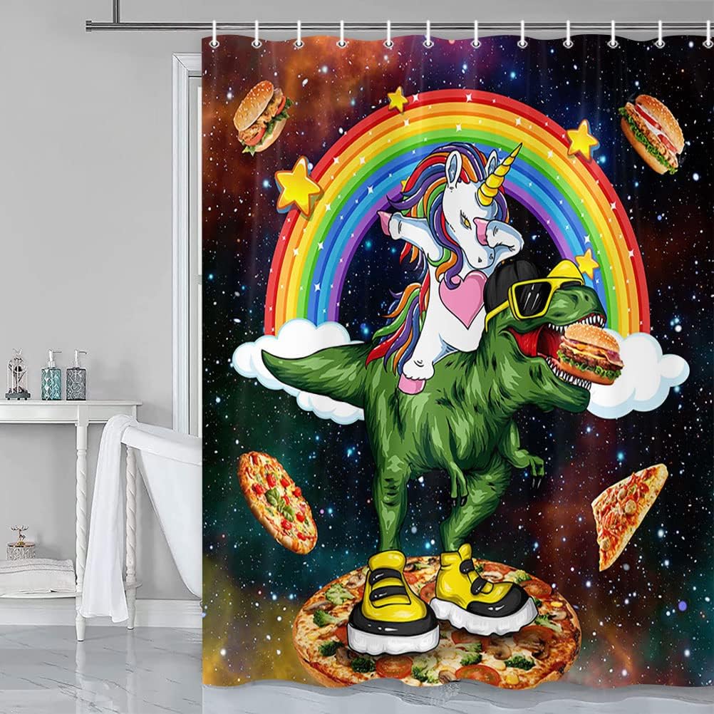 Cool Cartoon Kids Shower Curtain With Colorful Rainbow In Fantasy Galaxy Space Print, Perfect For Playful Bathroom Decor - Image 2