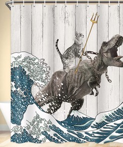 Cool Cat Dinosaur Japanese Ocean Wave Decor Rustic Farmhouse Shower Curtain