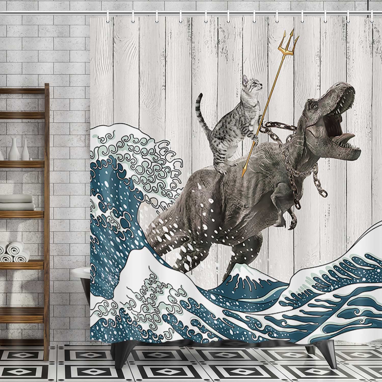 Cool Cat Dinosaur Japanese Ocean Wave Decor Rustic Farmhouse Shower Curtain - Image 2