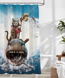 Cool Cat Riding A Shark Shower Curtain - A Fun And Funky Bathroom Idea For Kids