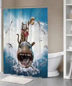 Cool Cat Riding A Shark Shower Curtain - A Fun And Funky Bathroom Idea For Kids