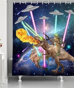 Cool Cat Riding Dinosaur Outer Space Funny Kids Shower Curtain