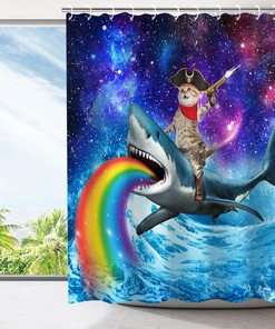 Cool Cat and Shark Shower Curtain Set, Funny Bathroom Decor for Animal Lovers