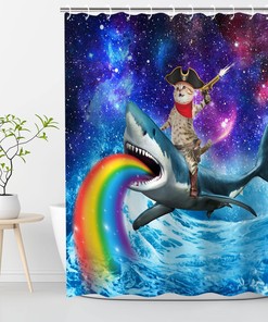 Cool Cat and Shark Shower Curtain Set, Funny Bathroom Decor for Animal Lovers