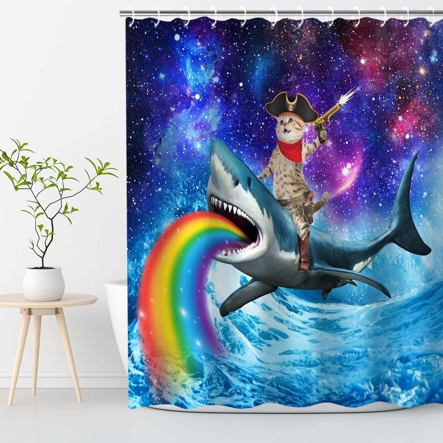 Cool Cat and Shark Shower Curtain Set, Funny Bathroom Decor for Animal Lovers