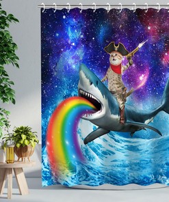 Cool Cat and Shark Shower Curtain Set, Funny Bathroom Decor for Animal Lovers