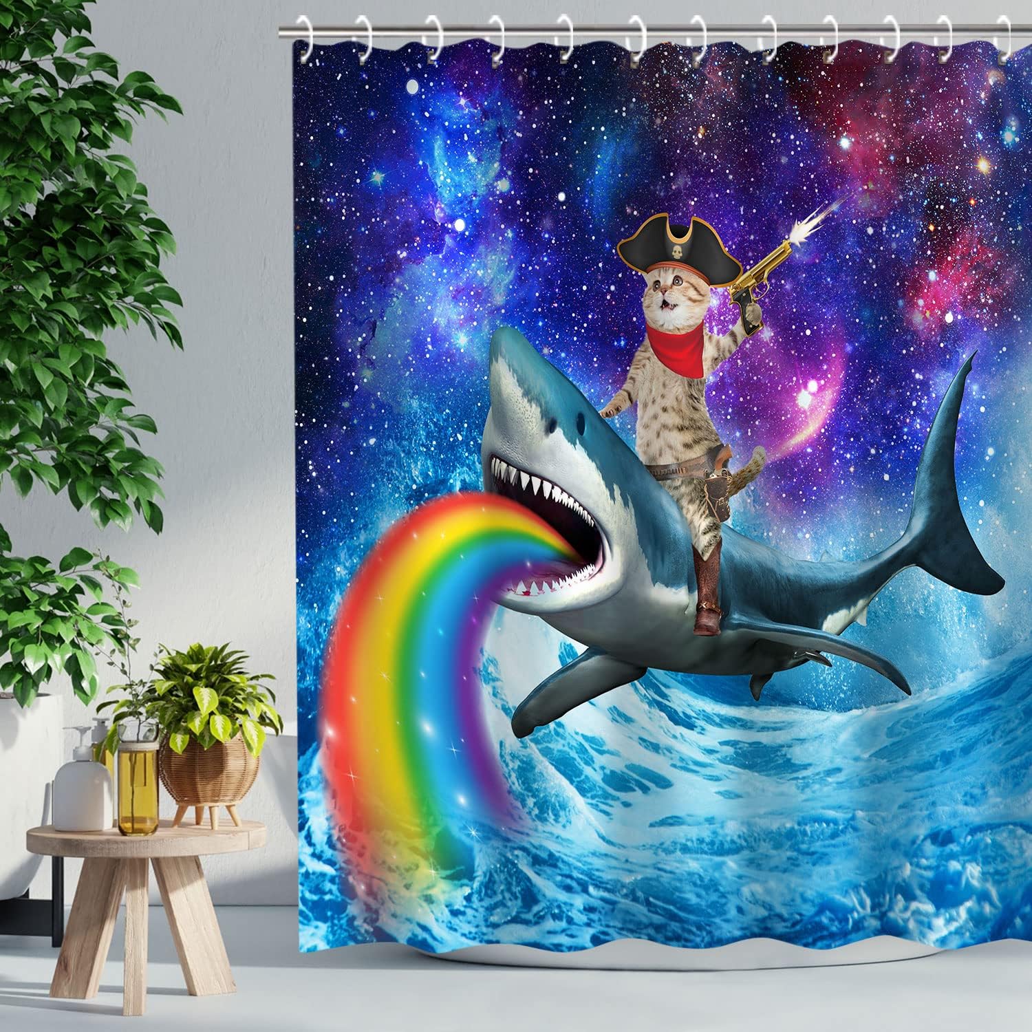 Cool Cat and Shark Shower Curtain Set, Funny Bathroom Decor for Animal Lovers