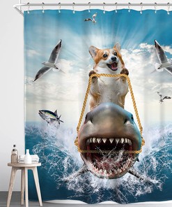 Cool Corgi Riding Shark Shower Curtain For Kids Bathroom Decor, Waterproof Fabric