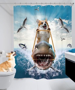Cool Corgi Riding Shark Shower Curtain For Kids Bathroom Decor, Waterproof Fabric