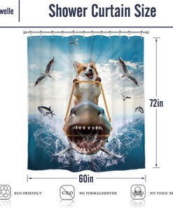 Cool Corgi Riding Shark Shower Curtain For Kids Bathroom Decor, Waterproof Fabric