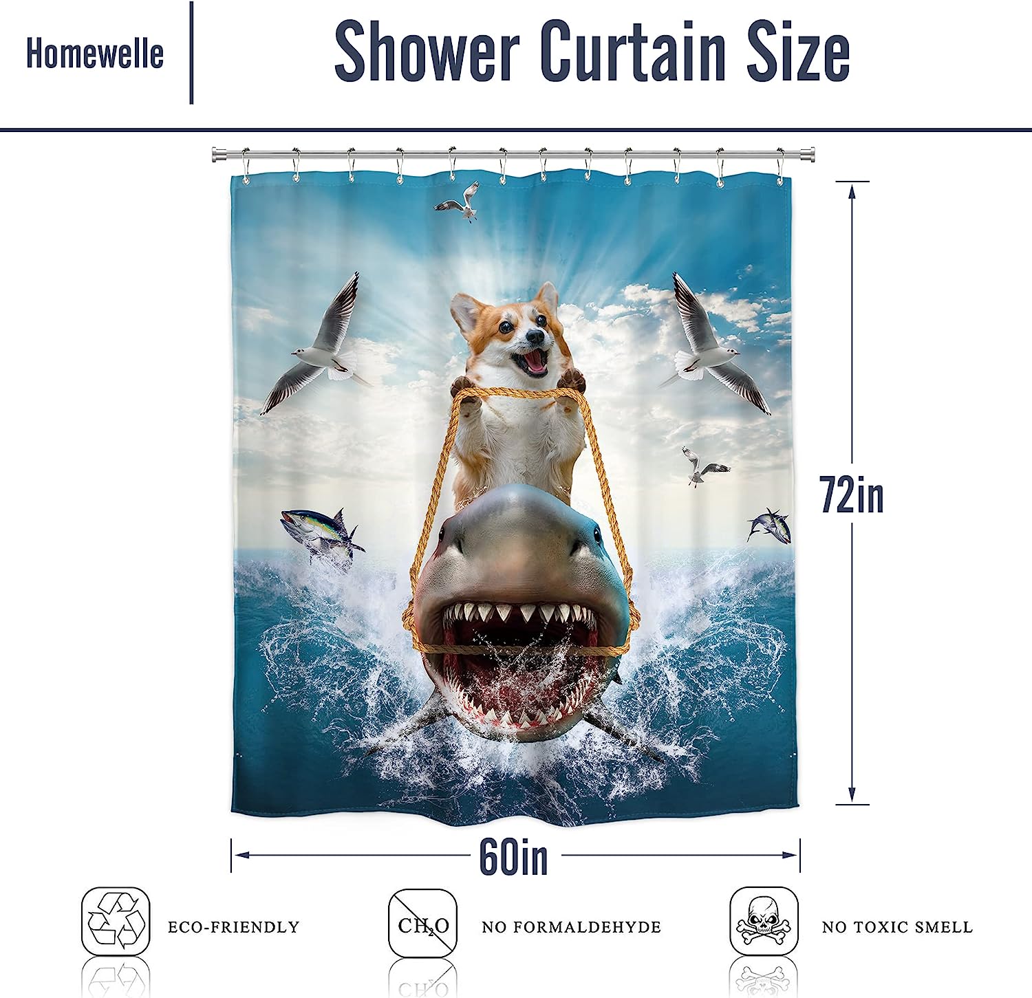Cool Corgi Riding Shark Shower Curtain For Kids Bathroom Decor, Waterproof Fabric