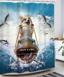 Cool Corgi Riding Shark Shower Curtain For Kids Bathroom Decor, Waterproof Fabric