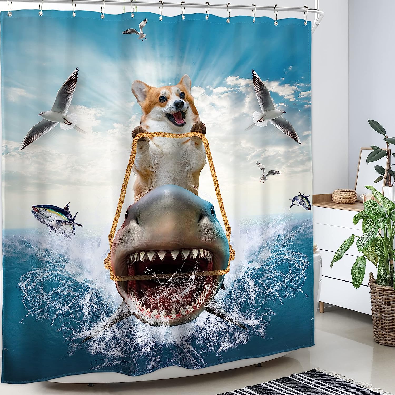 Cool Corgi Riding Shark Shower Curtain For Kids Bathroom Decor, Waterproof Fabric