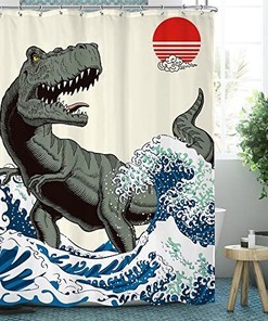 Cool Dinosaur Shower Curtain - Asian Japanese Art Design for Fun Kids Bathroom