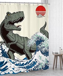 Cool Dinosaur Shower Curtain - Asian Japanese Art Design for Fun Kids Bathroom