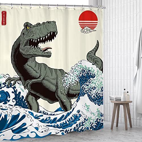 Cool Dinosaur Shower Curtain - Asian Japanese Art Design for Fun Kids Bathroom