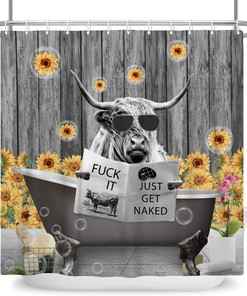 Cool Farm Cow Shower Curtain with Sunflowers and Planks for Natural Charm