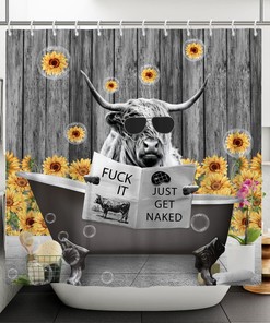 Cool Farm Cow Shower Curtain with Sunflowers and Planks for Natural Charm