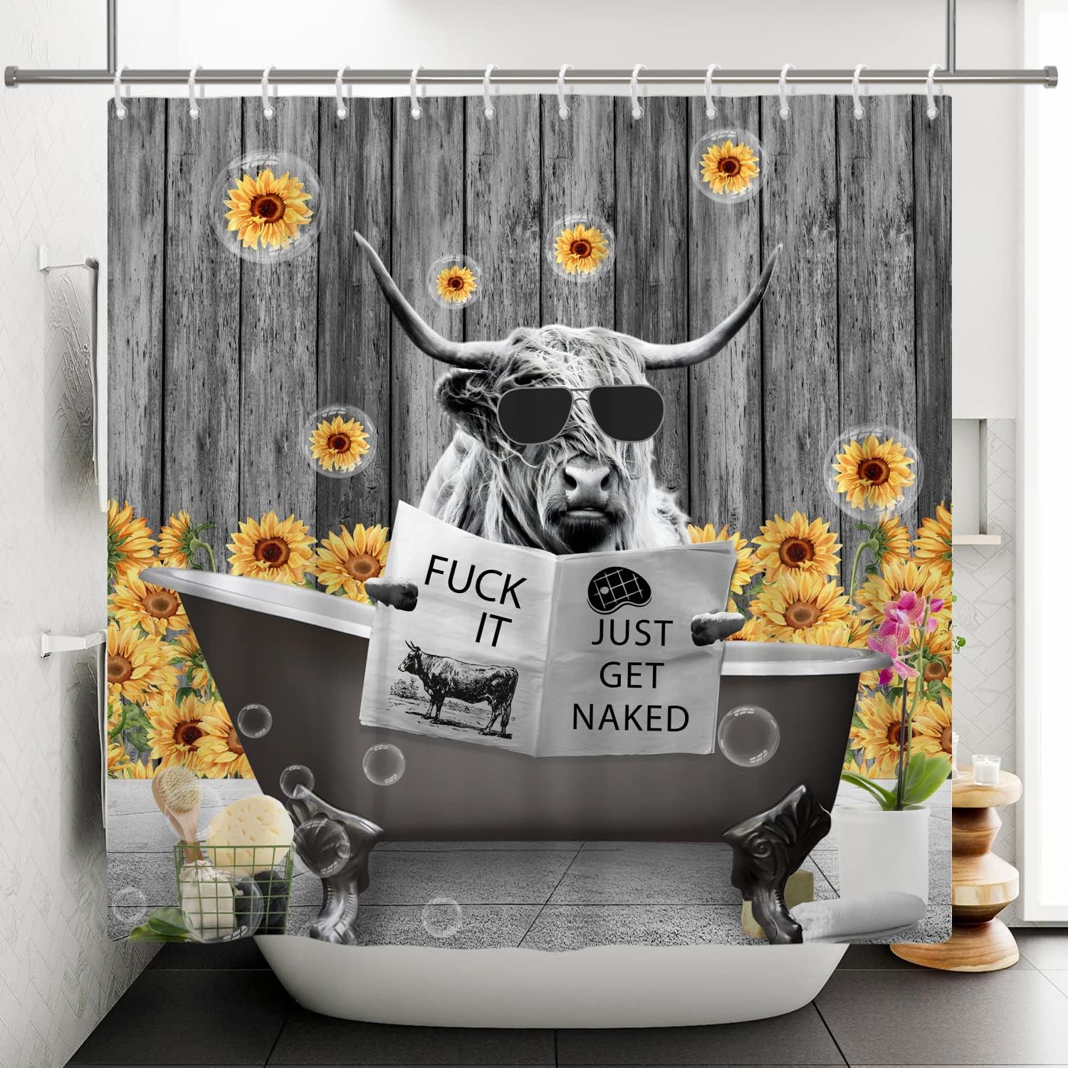 Cool Farm Cow Shower Curtain with Sunflowers and Planks for Natural Charm
