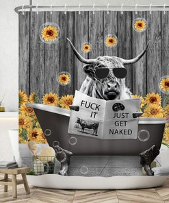 Cool Farm Cow Shower Curtain with Sunflowers and Planks for Natural Charm