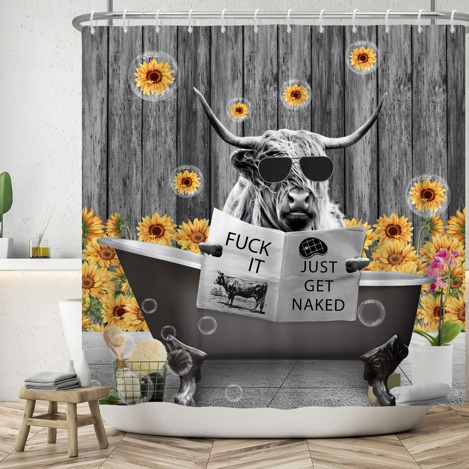 Cool Farm Cow Shower Curtain with Sunflowers and Planks for Natural Charm