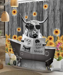 Cool Farm Cow Shower Curtain with Sunflowers and Planks for Natural Charm