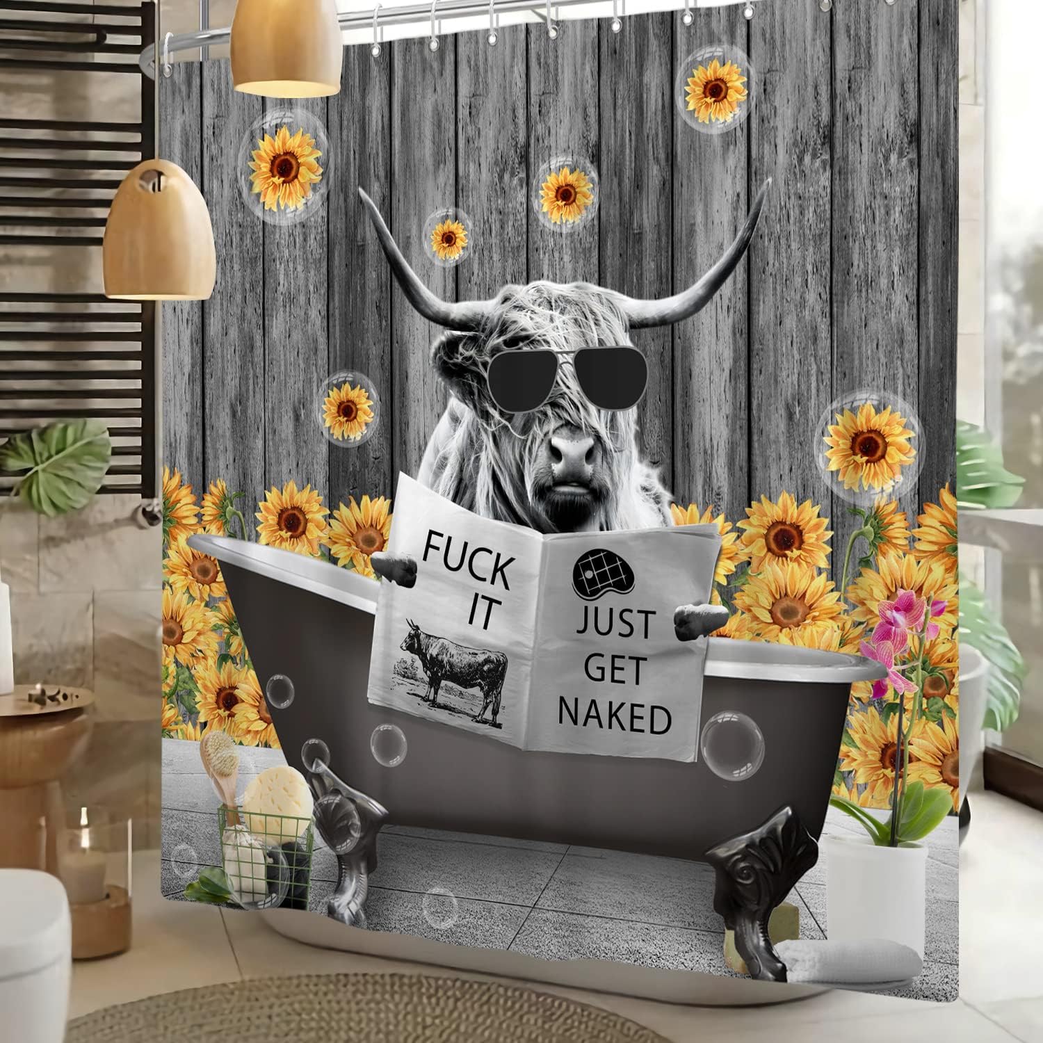 Cool Farm Cow Shower Curtain with Sunflowers and Planks for Natural Charm