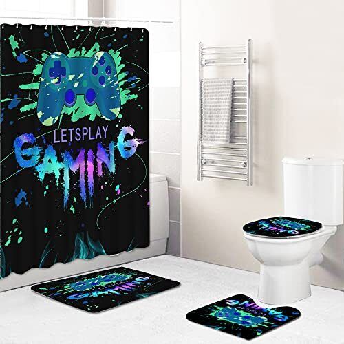Cool Gamer Shower Curtain For Boys Bathroom Decor With Blue Accents