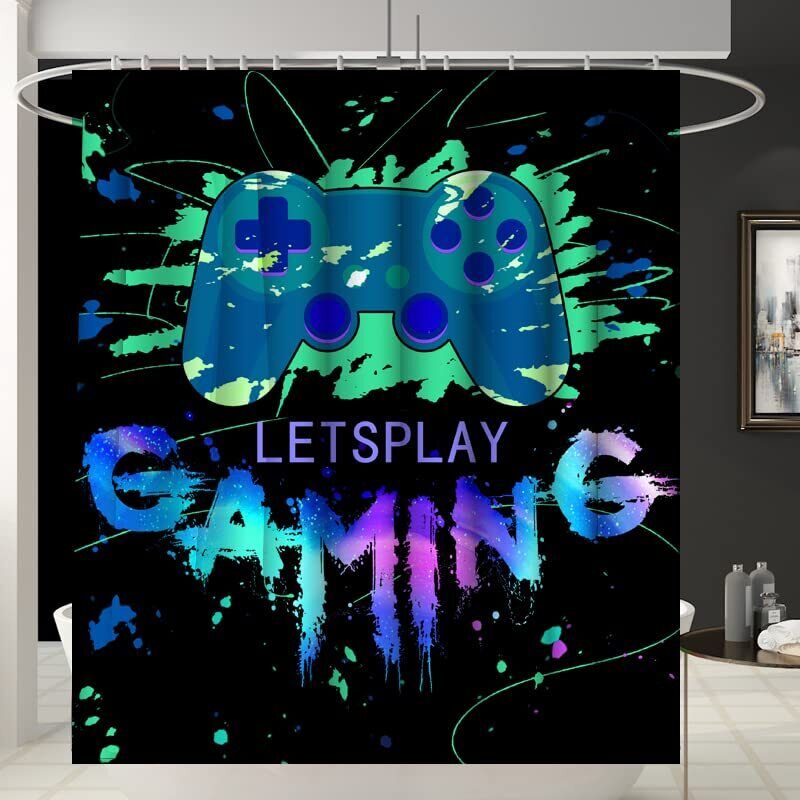 Cool Gamer Shower Curtain For Boys Bathroom Decor With Blue Accents - Image 2