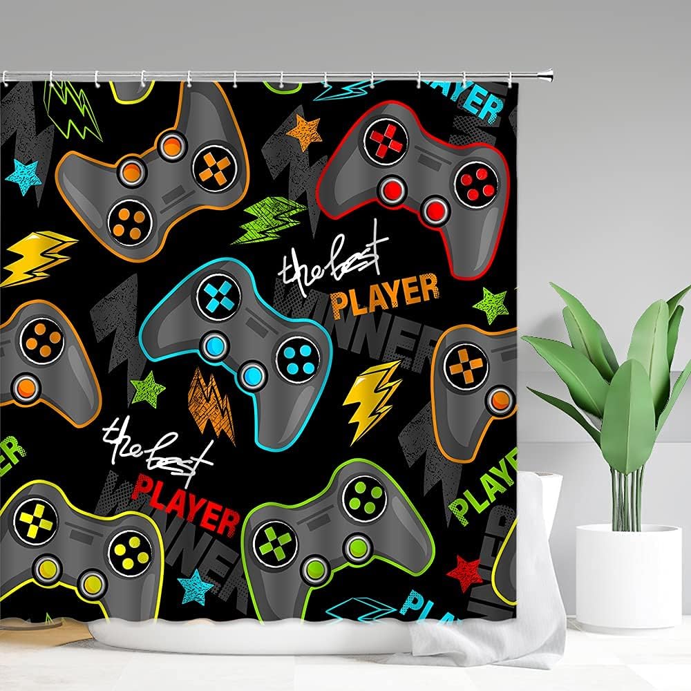 Cool Gamer Shower Curtain with Modern Gamepad Controller Design for Teens and Boys Bathroom Decor