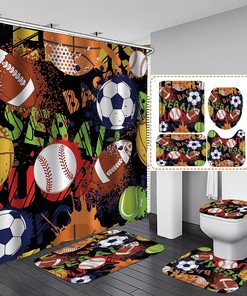 Cool Graffiti Sports Shower CurtainBasketball Soccer Volleyball Tennis Baseball Theme Bathroom Decor for Boys