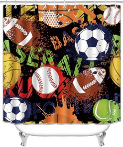 Cool Graffiti Sports Shower CurtainBasketball Soccer Volleyball Tennis Baseball Theme Bathroom Decor for Boys