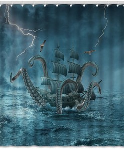 Cool Nautical Octopus Shower Curtain with Kraken Attack and Pirate Ship for Marine Life Bathroom Decor 