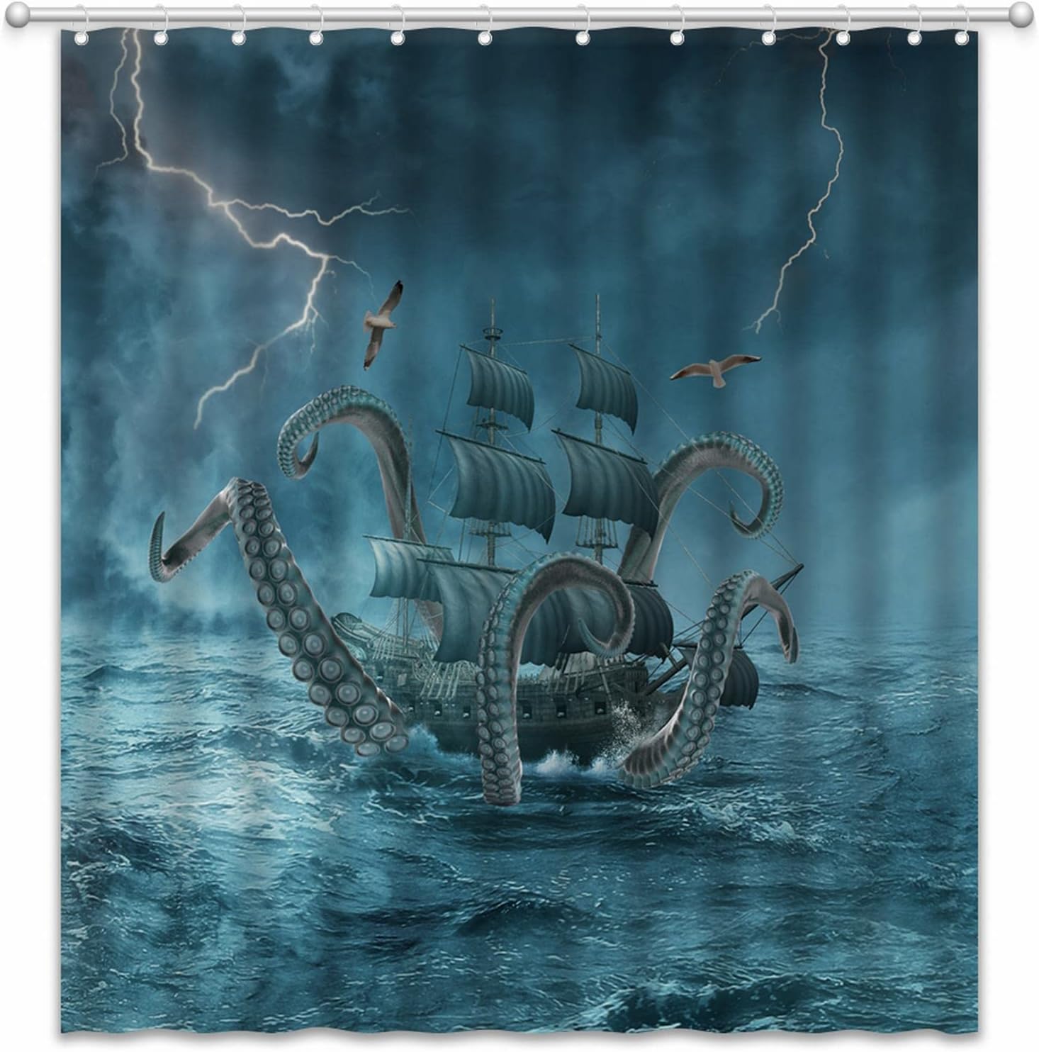 Cool Nautical Octopus Shower Curtain with Kraken Attack and Pirate Ship for Marine Life Bathroom Decor