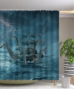Cool Nautical Octopus Shower Curtain with Kraken Attack and Pirate Ship for Marine Life Bathroom Decor