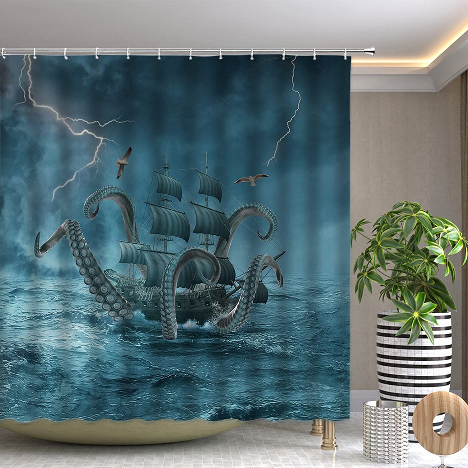 Cool Nautical Octopus Shower Curtain with Kraken Attack and Pirate Ship for Marine Life Bathroom Decor